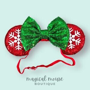 🎄 Holly Berry Sparkle Elastic Minnie Ears | Disney-Inspired Adjustable Ears